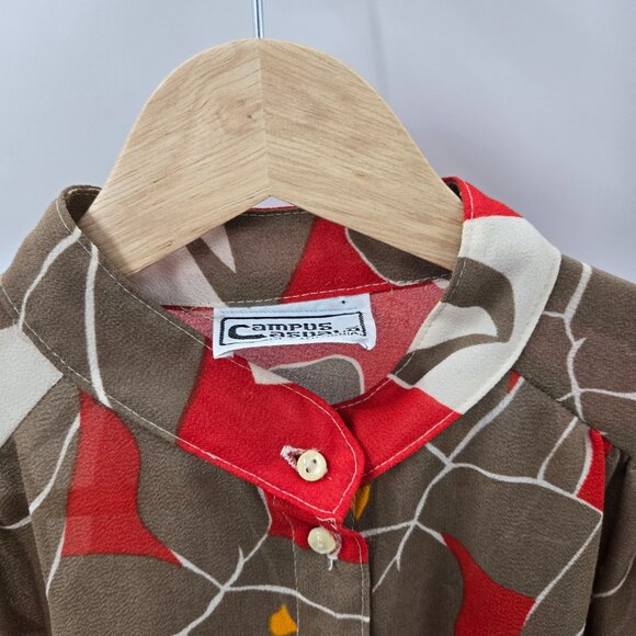 Vintage 70s Campus Casuals of California Brown Red White Sheer Long Sleeve - Picture 4 of 7